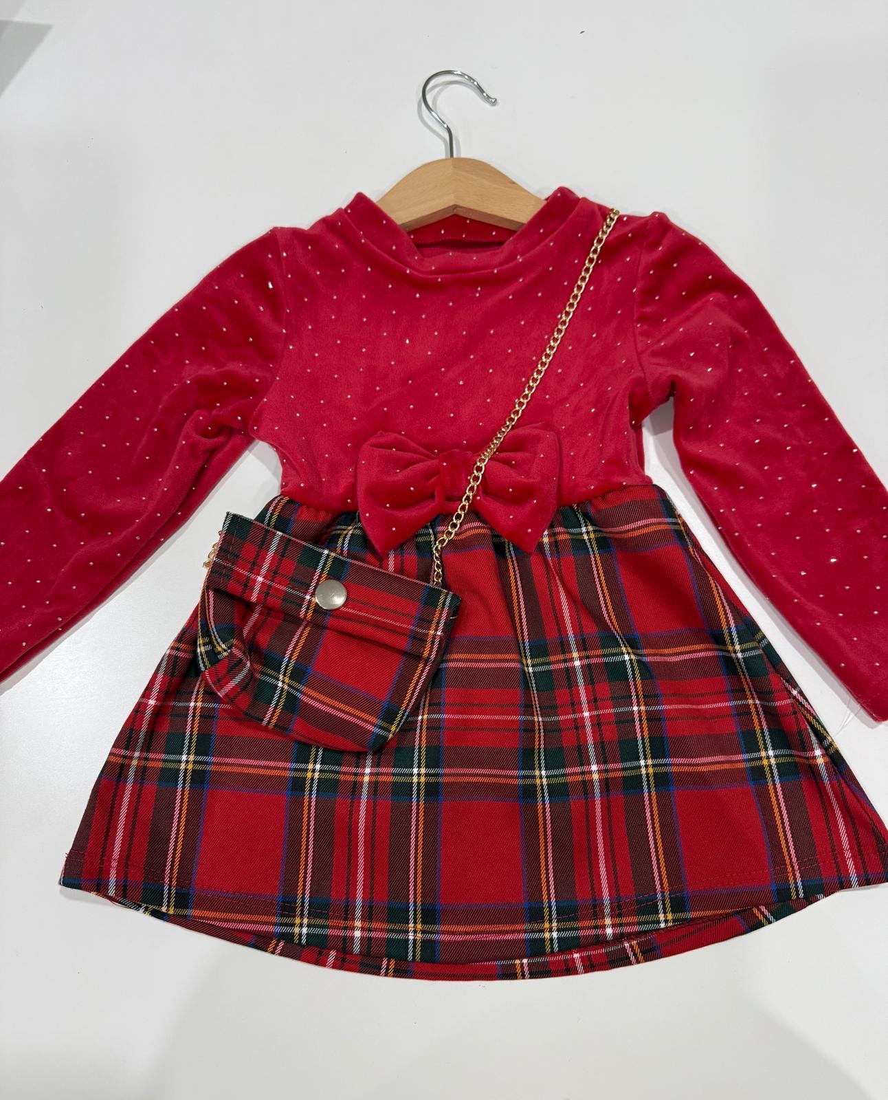 ABITO BIMBA NATALIZIO IN VELLUTO ROSSO CON GONNA SCOZZESE E BORSETTA COORDINATA