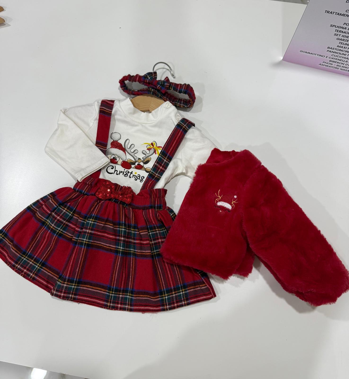 COMPLETO BIMBA CON MAGLIA,GONNA SCOZZESE,GIACCA IN PELLICCIA E FASCIA COORDINATA