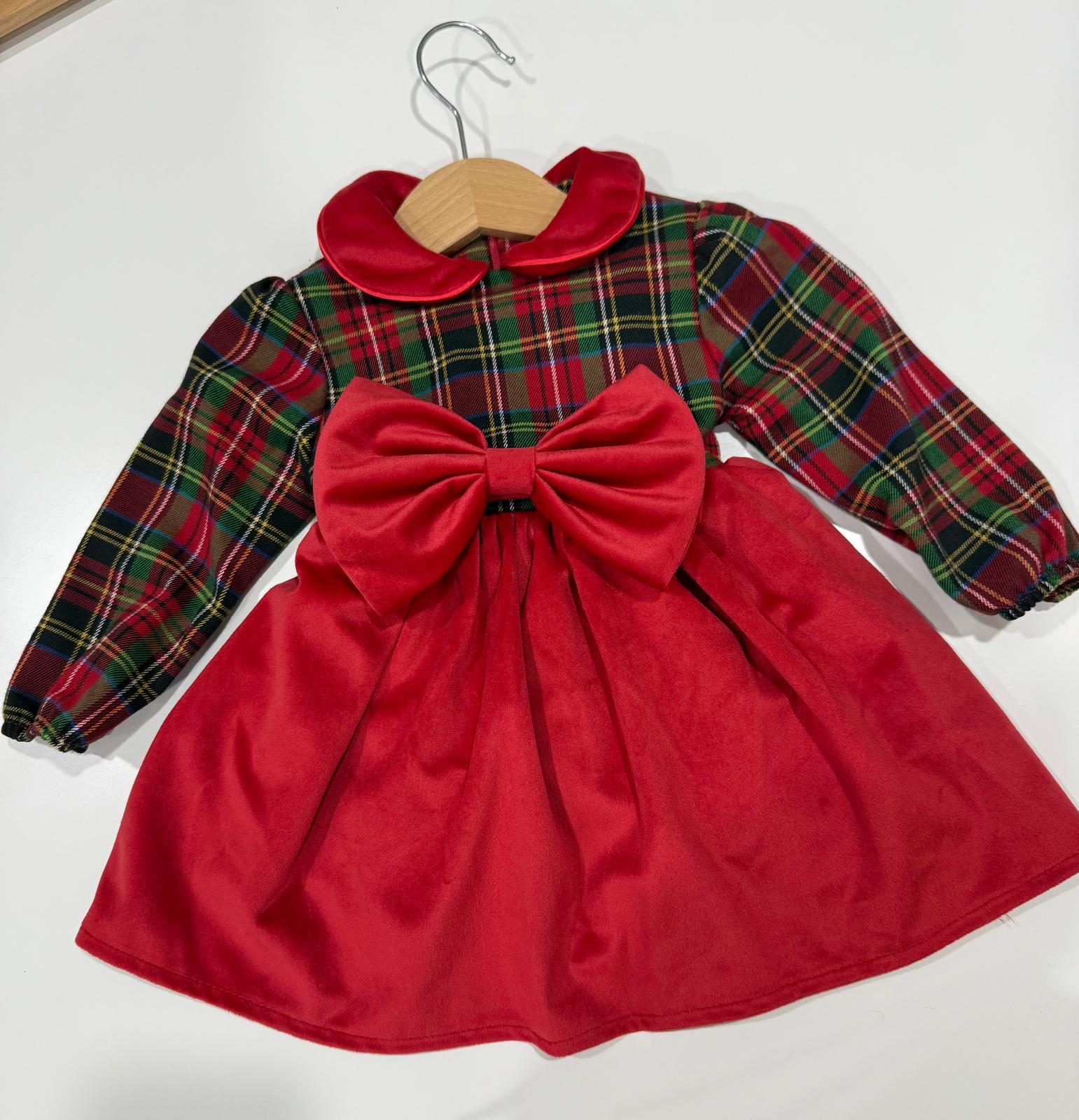 ABITO ELEGANTE ROSSO CON COLLETTO SCOZZESE E FIOCCO