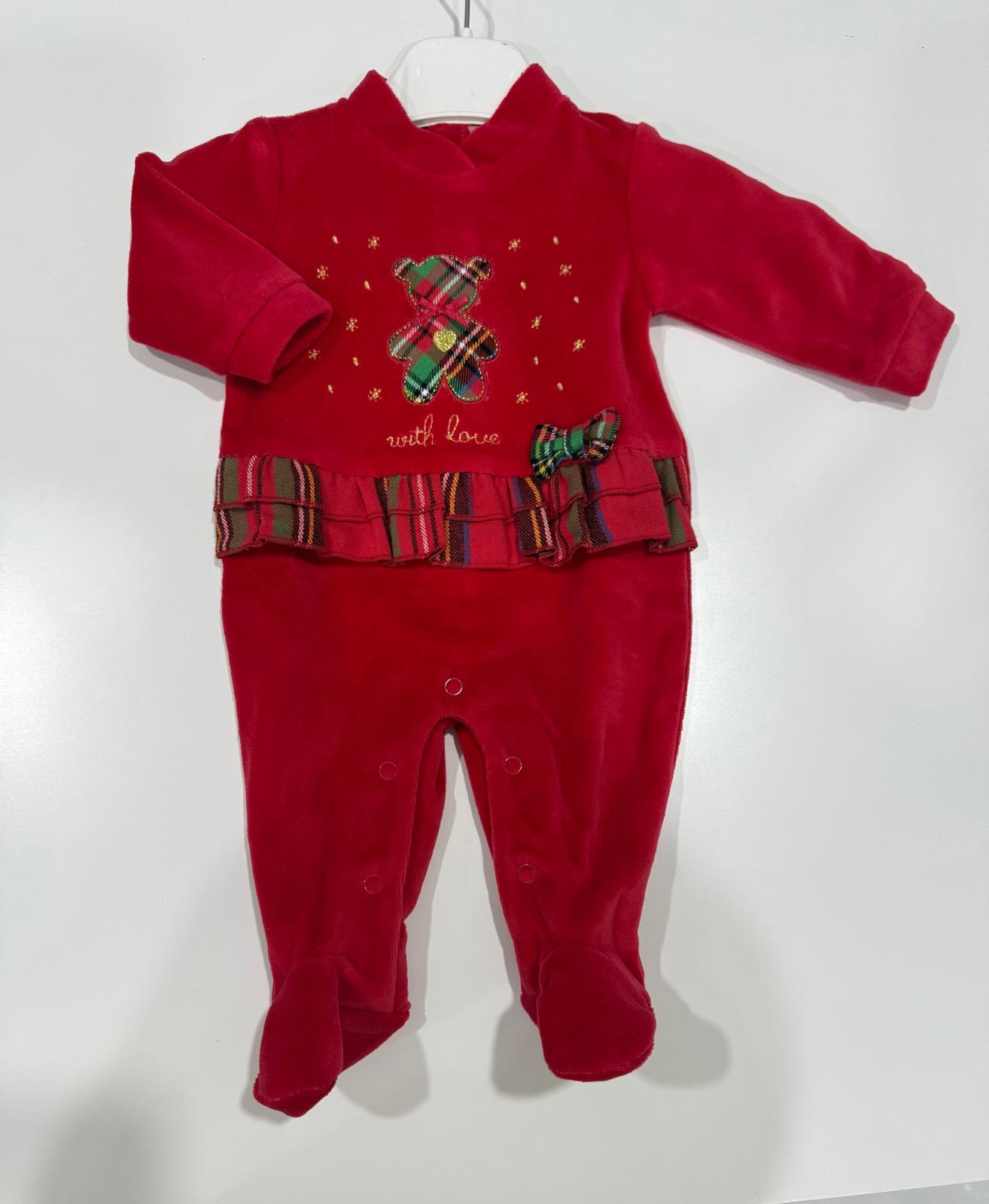 TUTINA NEONATA ROSSA CON ORSETTO SCOZZESE E RICAMO "WITH LOVE"